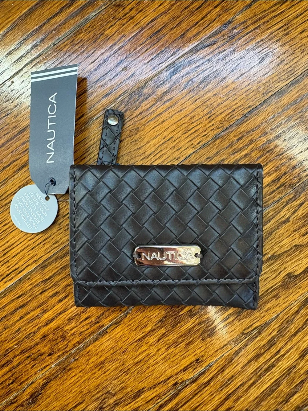 Nautica Dark Brown Woven Card & Key Holder with Metal Logo